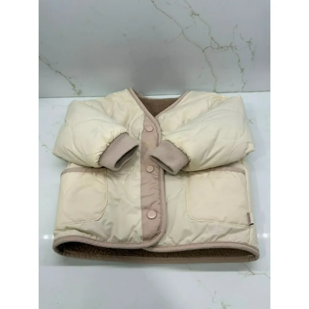 Kids Reversible Sherpa Quilted Neutral Brown Cream Snap Jacket